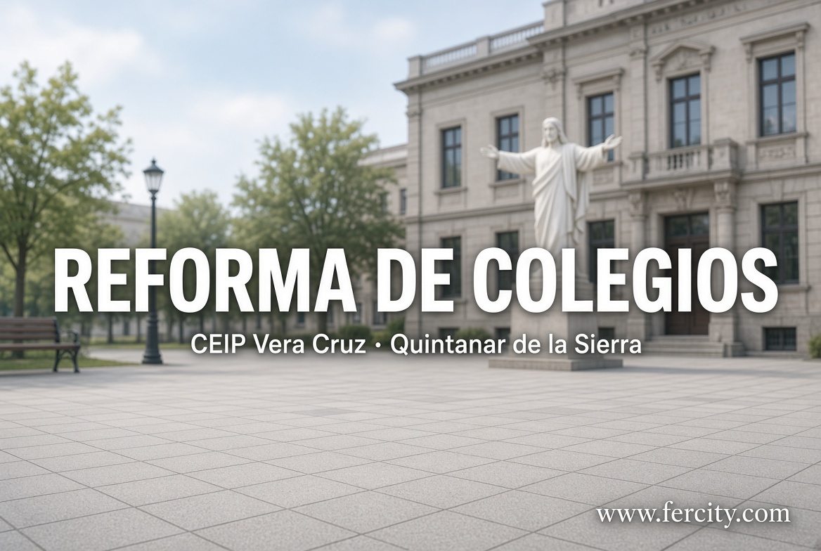 Obras de reparación, conservación y mejora en el CEIP Vera Cruz de Quintanar de la Sierra (Burgos). Nueva pavimentación antideslizante, red de saneamiento de pluviales, iluminación LED y reparación de puertas. Ejecutado por Fercity.